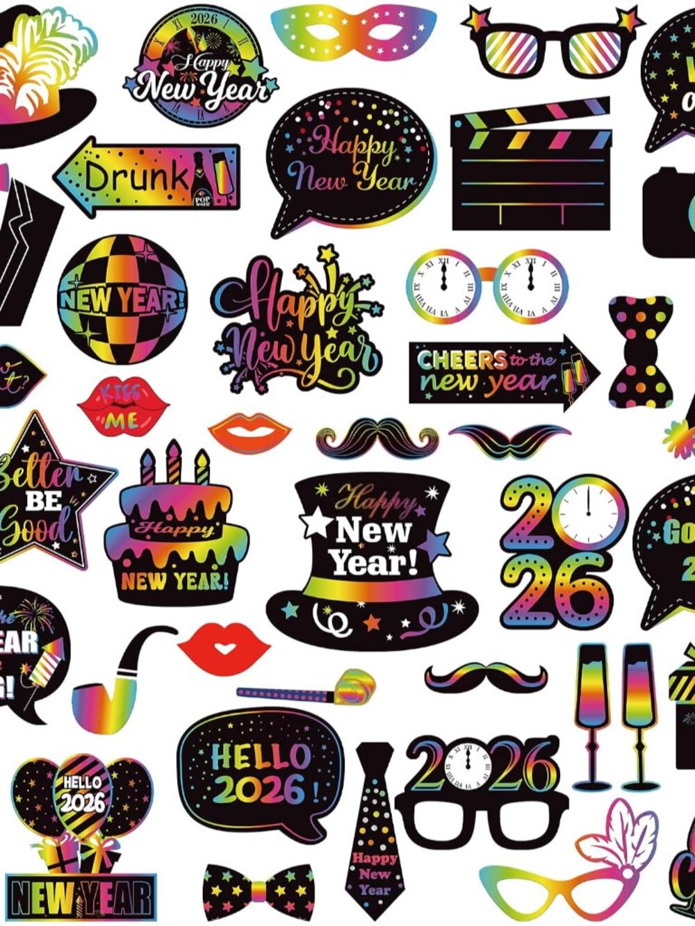 New Years Photo Booth Props 2026, Pack of 43